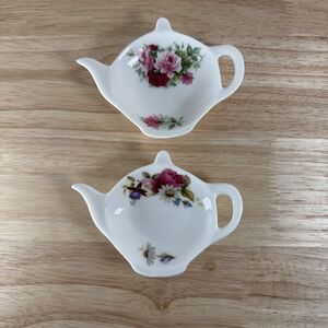 Porcelain Teapot Shaped Tea Bag Holder Plate Red Roses Lot Of 2 Unmarked